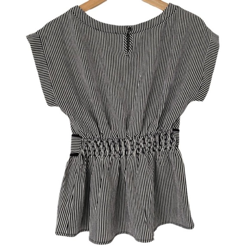 MONTEAU BLACK/WHITE STRIPED PEPLUM TOP WITH WAIST DETAIL AND SHIRRING, SMALL